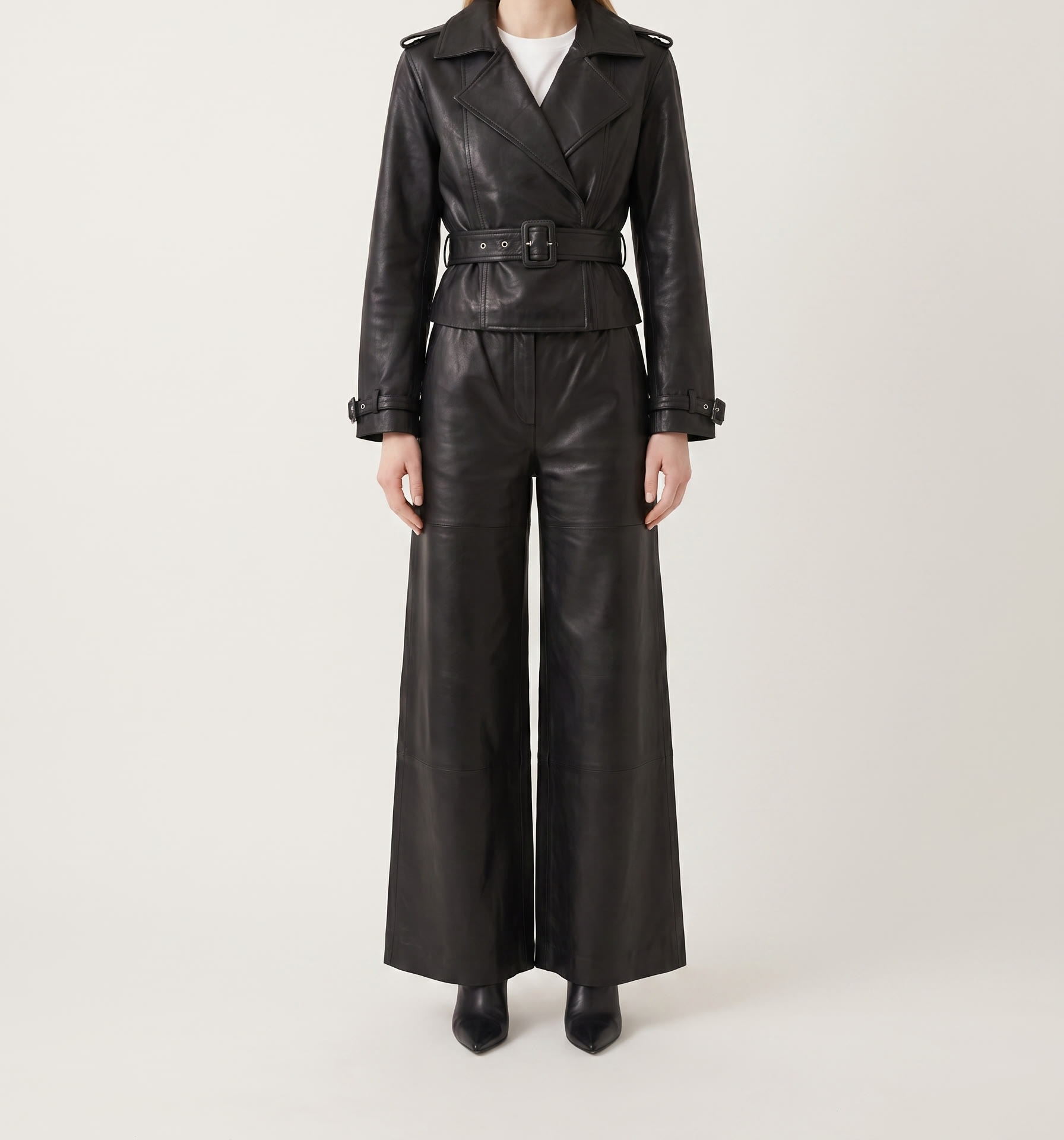 Belted cropped trench in ink, full look